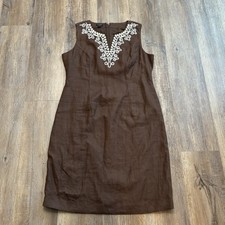 NWT Talbots Sleeveless Brown Linen Sheath Dress Size 10 Embroidered Beaded