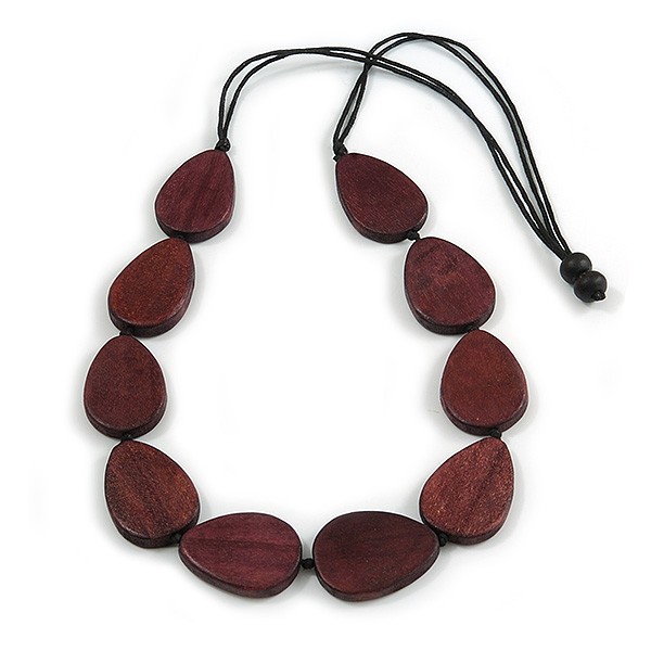 Geometric Brown Wood Bead Black Cord Necklace - 80cm Long Adjustable
