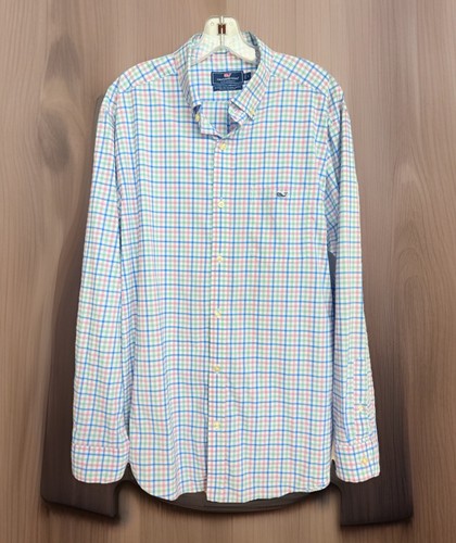 Vineyard Vines Performance Plaid Button Down Classic Tucker Shirt L Pink/Blue - Picture 2 of 6