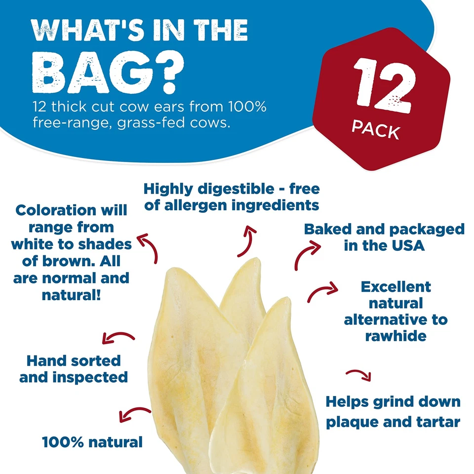 Orejas de vaca de corte grueso para perros - 12 unidades (paquete de 1) - hierba natural de corral... Foto 2 de 4