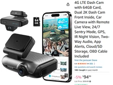 4G LTE Dash Cam with 64GB Card Dual 2K Car Camera Front Inside Remote Live View