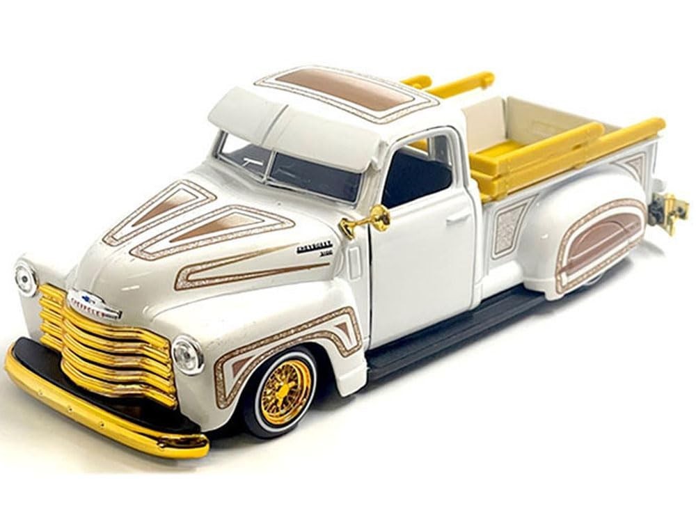1950 Chevy 3100 Pickup Truck Lowrider White with Graphics and Gold