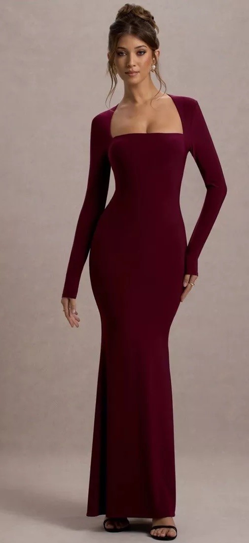 Club L London Maja Burgundy Square Neck Long Sleeve Maxi Dress Size 6 BNWT  Women | eBay UK