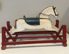ANTIQUE 1900s WOOD GLIDER ROCKING HORSE HAND CARVED PAINTED FOLK ART TOY 4A