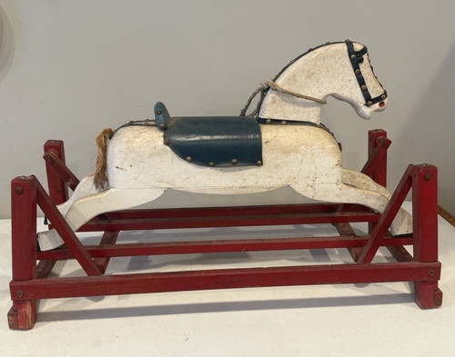 ANTIQUE 1900s WOOD GLIDER ROCKING HORSE HAND CARVED & PAINTED FOLK ART TOY (4A)
