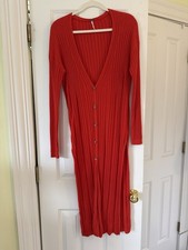 Red Ribbed Knit Sweater Midi Dress Button Front V-Neck Long Sleeve S