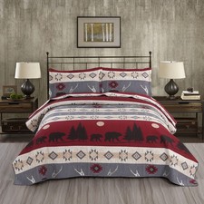 Lodge Bear Quilt Set Full/Queen Size Cabin Rustic Bedspread Coverlets Reversible