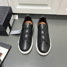 Zegna Triple Stitch Black Leather Sneakers Men's Luxury Low Top Slip OnEU43-US10