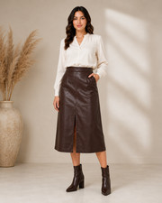 Dark Brown Real Leather Skirt, High Waisted L...