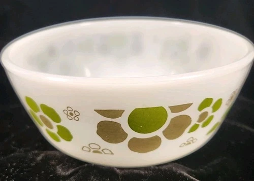 VTG AH Fire King Springtime Mod Green Flower MCM Milk Glass Mixing Bowl 6" USA