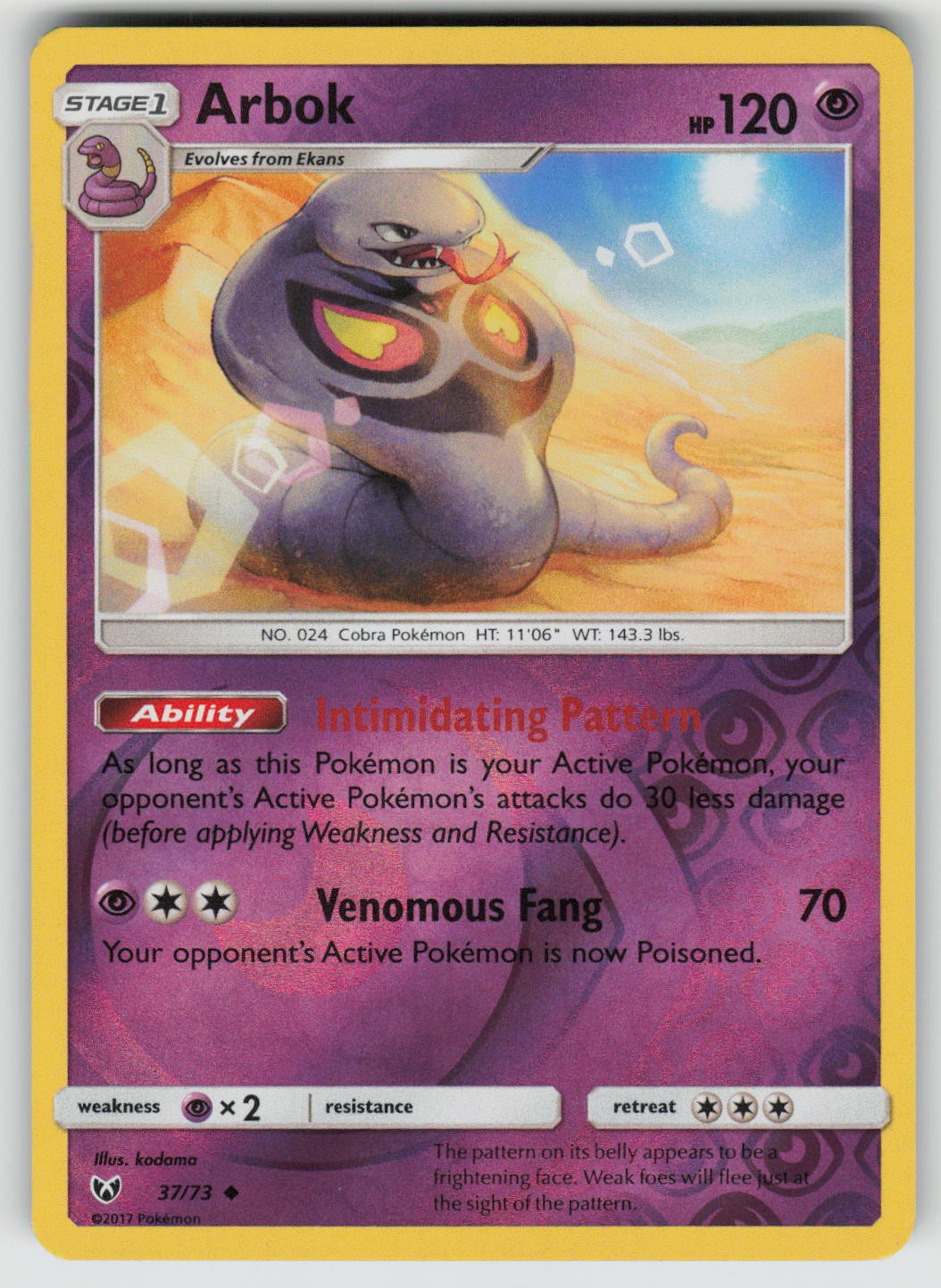 Arbok 37/73 Uncommon Shining Legends Pokemon Reverse Holo Near Mint