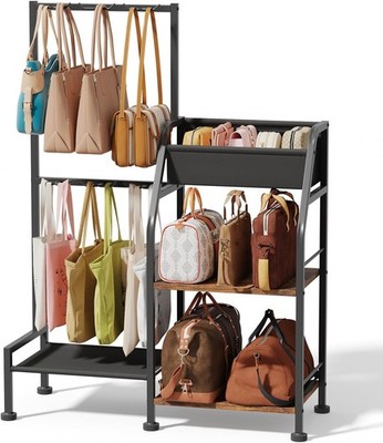 Purse Organizer for Women - 3-Tier Storage Stand & 12 Fixed Hooks, Black 