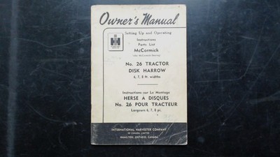 McCormick No. 26 Tractor Disk Harrow Owner's Manual IH 6-8 Ft Widths