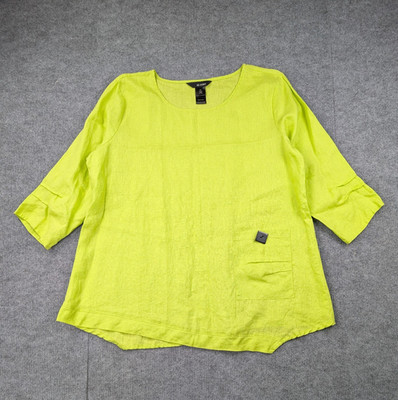 Ali Miles Linen Blouse Womens Large Petite Lagenlook Natural Chartreuse Coastal