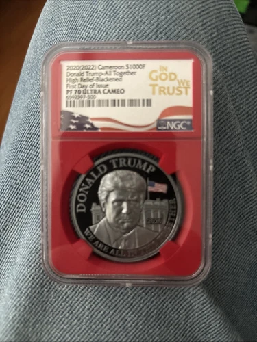 2020 (2022) CAMEROON PROOF BLACKENED SILVER DONALD TRUMP NGC PF70 FDI 1 OZ .999