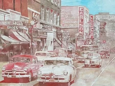 Benoit Montet Vintage Painting 1940s 1950s Urban America Automobiles City Cars