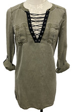 Express Womens Lace Up Neck Dress Long Tunic Military Green Roll Tab Sleeves XXS