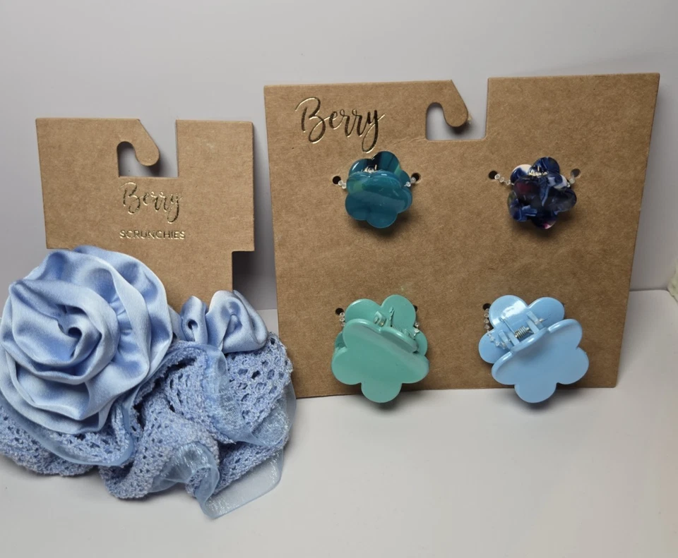 Berry Blue Rose and Crochet Scrunchies and Blue/Green Mini Flower Hair Clips NWT - Image 4 of 4