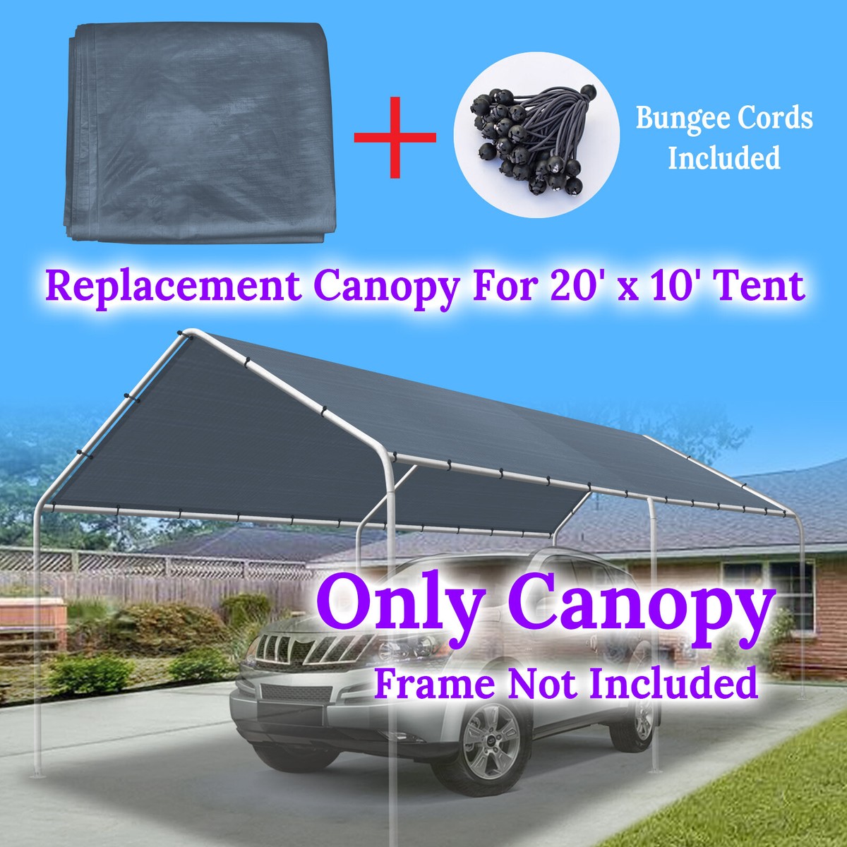 Replacement Canopy Tent 10x20' Carport Cover Tarp Sunshade Top with Bungees