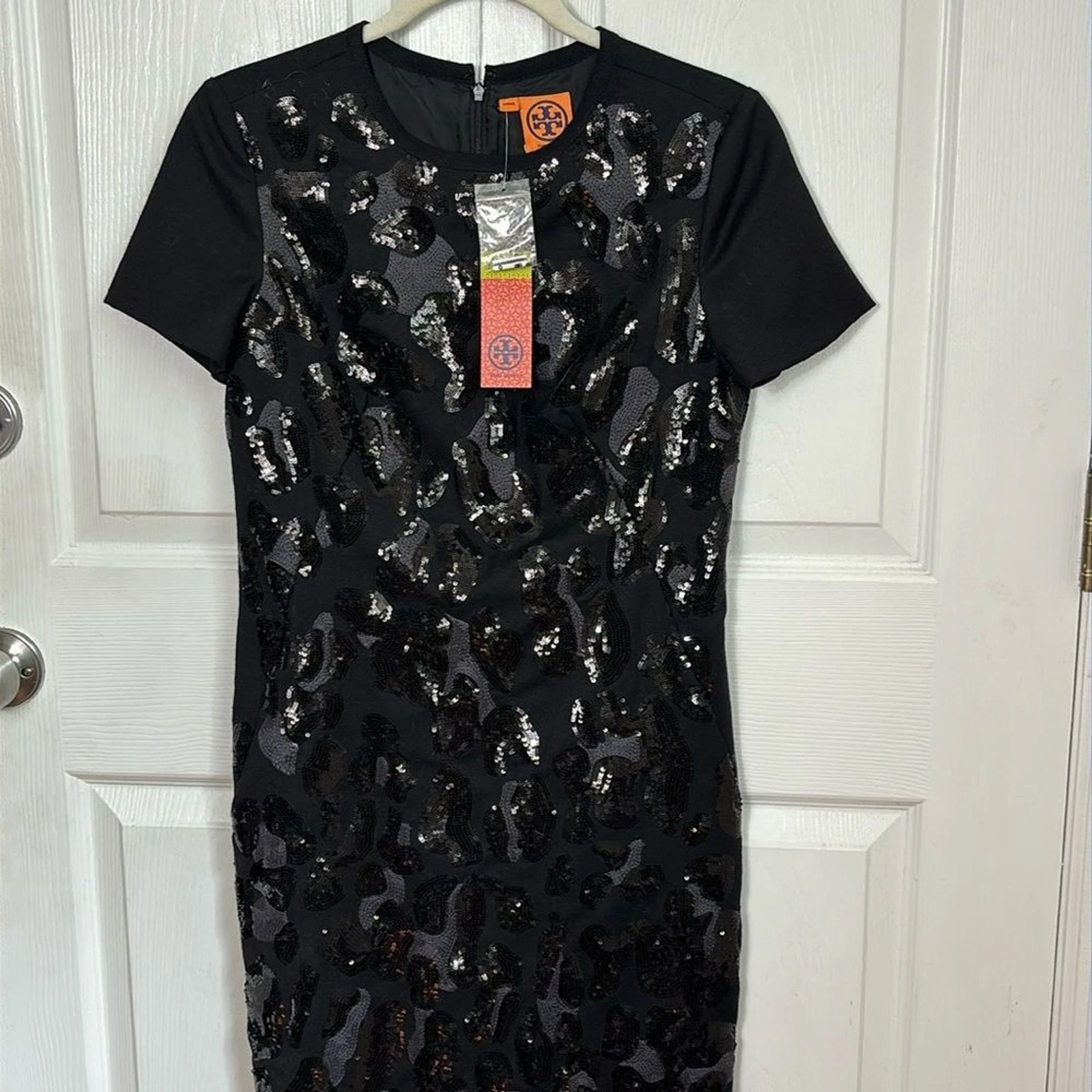 Abito Larissa nero TORY BURCH NUOVO CON ETICHETTE PAILLETTES LANA TAGLIA 4 MANICA CORTA