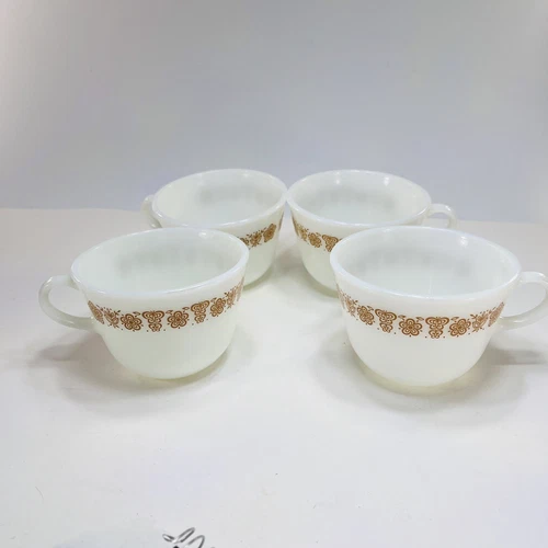 Pyrex Butterfly Gold Cups Corning USA Milk Glass Coffee Mugs Vintage Lot Of 4