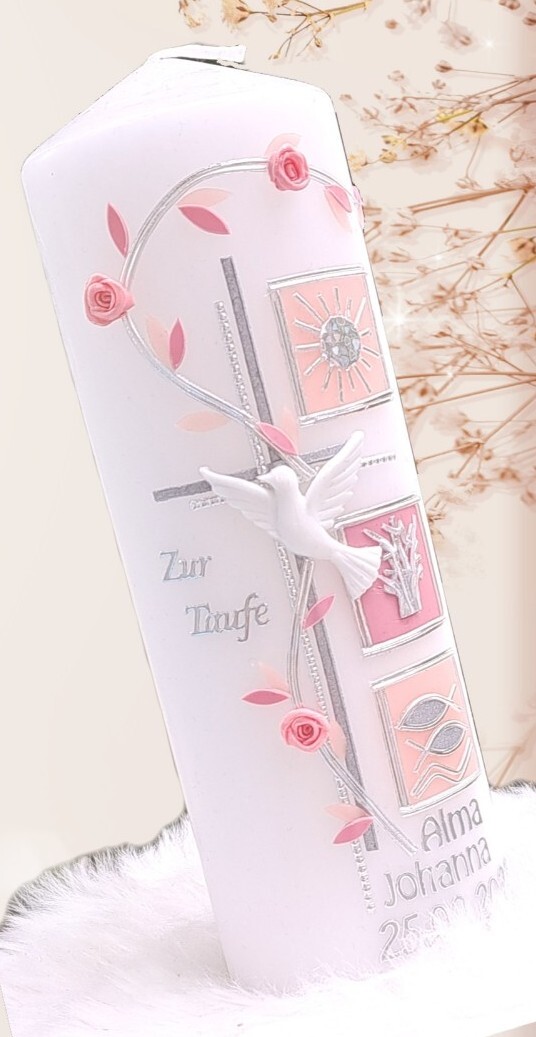 Taufkerze "Alma", In Apricot/Altrosa/silber, Mit Symbolen, Sonne, Lebensbaum, .