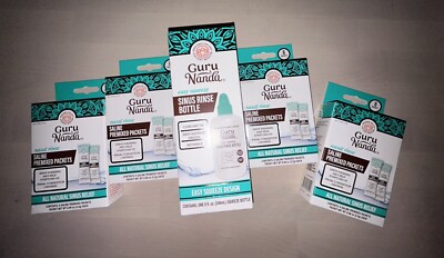 Guru Nanda Nasal Rinse Bottle & 32 Packet Saline Salt Packets Sinus Relief NEW