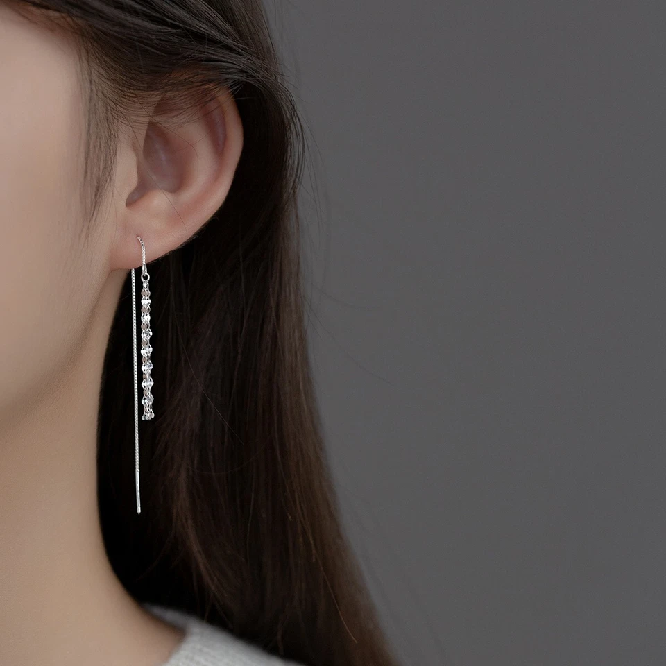 Real 925 Sterling Silver lONG Pull Through Dangle Threader Earrings - Image 3 of 4