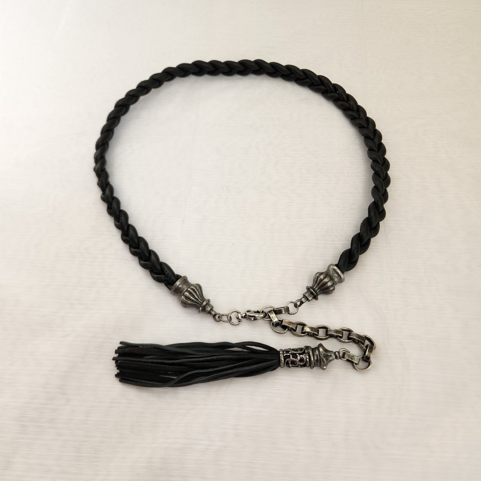 Black Leather Statement Belt Rope Ornate Silver Metal Hardware Tassel 40 in Long