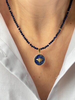 Handgefertigte natürliche LAPISLAZULI Perlenkette Gold Biene Lapislazuli Anhänger