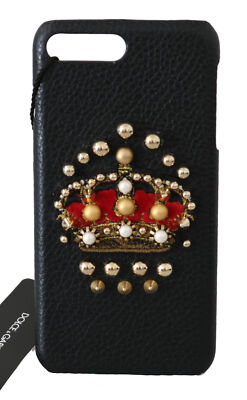 DOLCE & GABBANA Phone Case Cover Black Leather Crown Studs iPhone 7-8 Plus $500