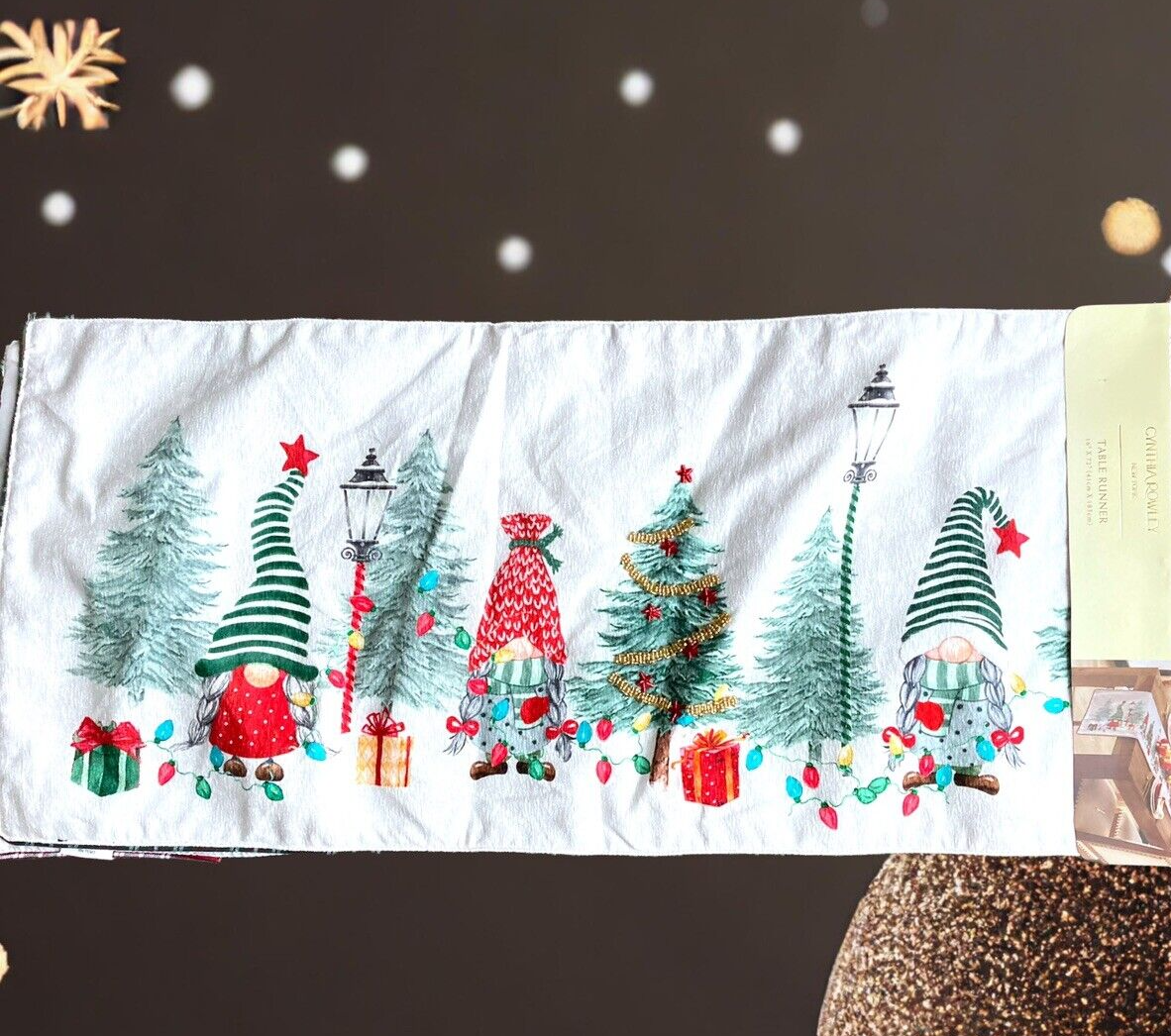 Cynthia Rowley Christmas Gnome Table Runner 16 x 72 Beaded Holiday