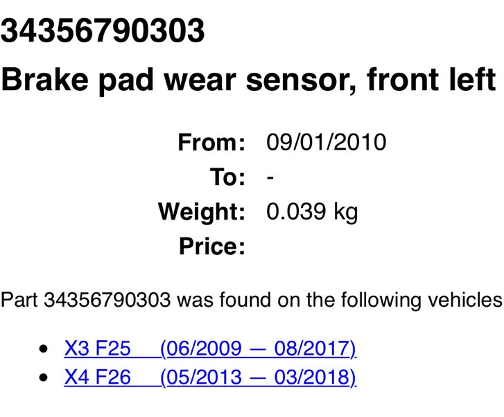BMW X3 X4 (F25 F26) ДАТЧИК ПЕРЕДНЕЙ ТОРМОЗНОЙ КОЛОДКИ PN 34356790303 OEM - Изображение 3 из 3