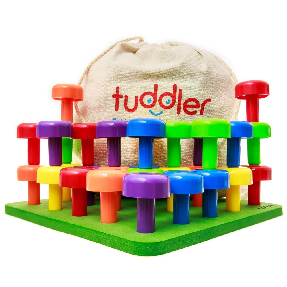 Brightly Colored Stackable Pegs and Peg Board Set Montessori Educational Toy
