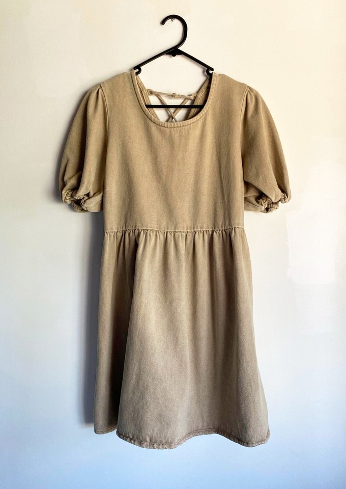 Gorgeous Size L Cotton On Beige Short Puff Sleeve Denim Dress