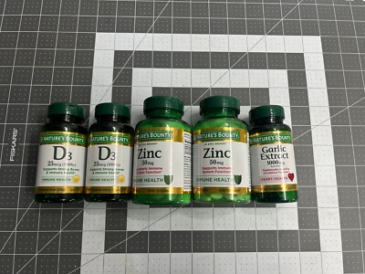 5-pack lot NON-EXPIRED Nature's Bounty Zinc 50 mg Garlic 1000MG Vitamin D3 25MCG