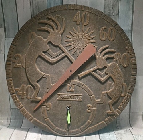 Springfield 13.75” Kokopelli Die Cast Clock Thermometer Vtg Metal Needs Repair