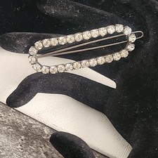 Vintage Silver Tone Clear Rhinestone Oval Hair Clip Barrette Bobby Pin Accessory
