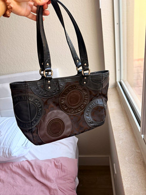 Coach Women s Signature Logo Tote Brown/Black Patchwork Circles Silver Hardware