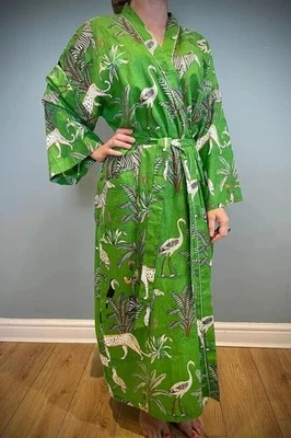 HANDGEFERTIGT 100 % Baumwolle langer Kimono grün Wald Damen indische Nachtwäsche Roben...