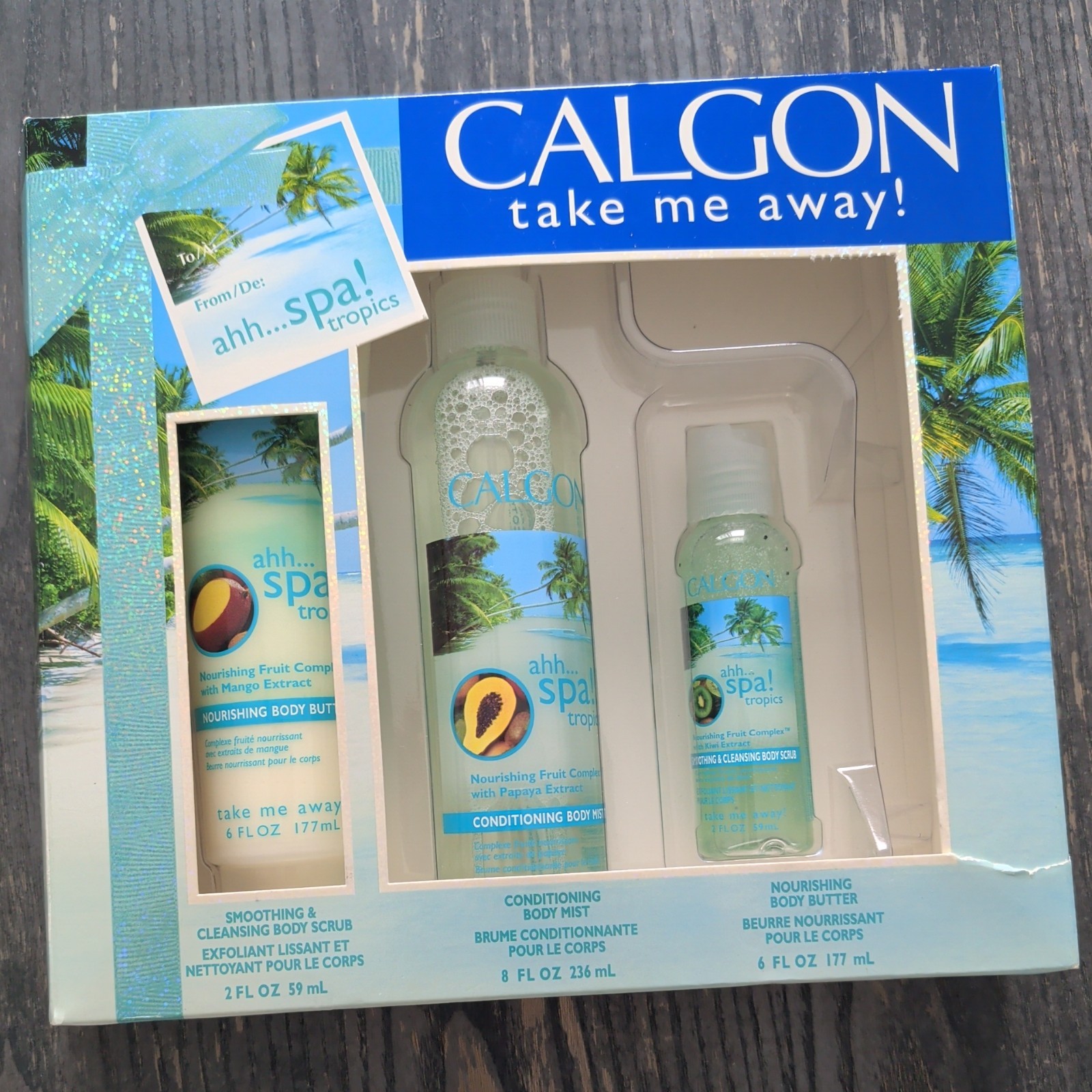 CALGON TAKE ME AWAY AHH SPA TROPICS BODY BUTTER, CONDITIONING BODY SPRAY, SCRUB
