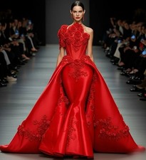 Red Fashion Rose Mermaid Prom Dress Elegant Applique with Train Cubic Floral
