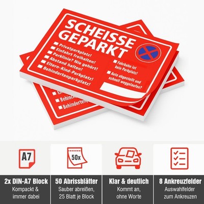 2x Scheisse Geparkt Block A7, Windschutzscheibe Spaß Strafzettel  Falschparker  