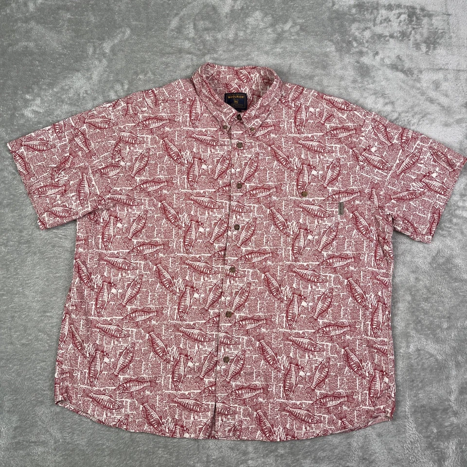 Vintage Woolrich Shirt Men’s 2XL Red Bass Fish Print News 90s Y2K Button Up Camp - Image 2 of 4