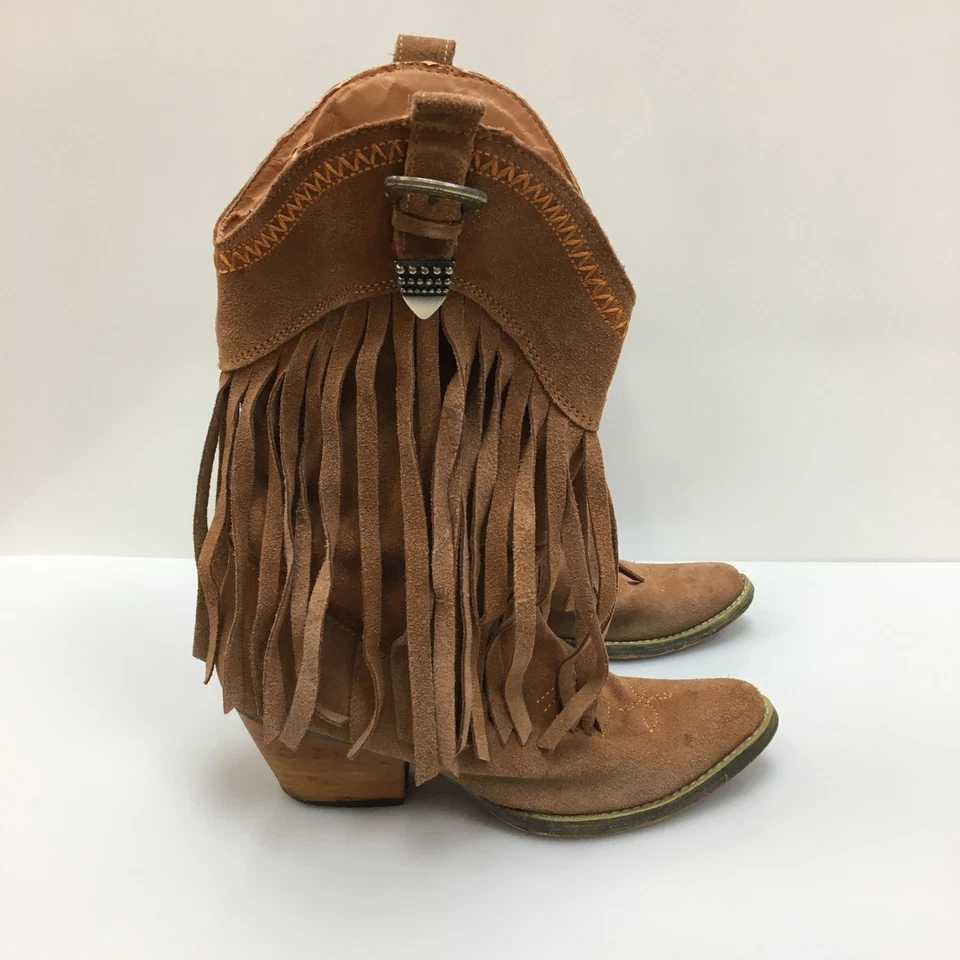 Very Volatile Boots 7.5 Womens Brown Leather Western Heeled Fringes Cowgirl - Image 2 of 4
