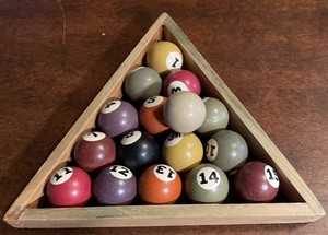 Vintage Miniature Set Bakelite 15 Pool Balls And Cue Ball With Wooden Triangle 