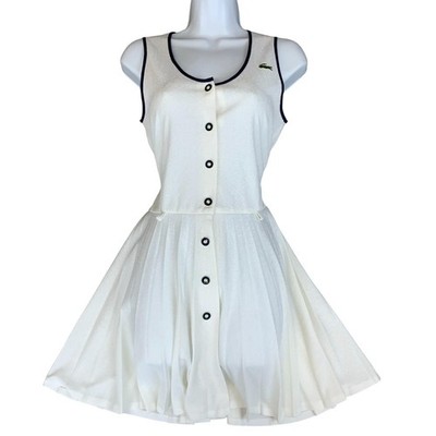 Vintage 90er WEISSES CHEMISE ''LACOSTE'' PLISSEE KNOPFLEISTE TENNIS MINIKLEID S 10