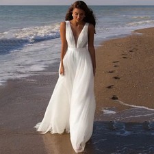 Simple Beach Wedding Dresses A-Line V Neck Backless Boho Bridal Gown Tulle White