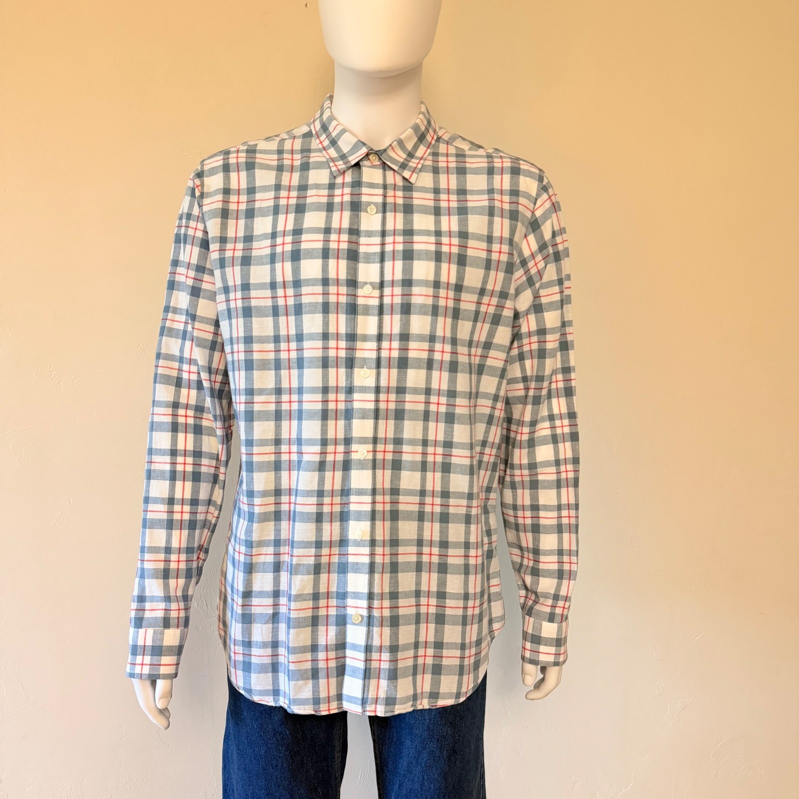 Banana Republic Mens Plaid Button Down Shirt Linen Cotton Blue White Red Size XL