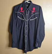 Vintage 1970's Sears Western Wear Men's M Black Pearl Snap Shirt Red Embroidery